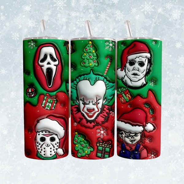 3D Inflated Horror Characters Tumbler Wrap, 3D Horror Christmas Tumbler Design, Horror Movies Christmas, 3D Inflated Christmas Tumbler Wrap