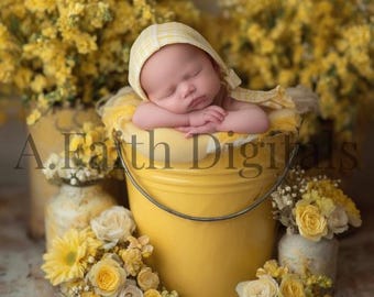 Newborn Digital Backdrop, Yellow Floral Photography Background, PSD Composite