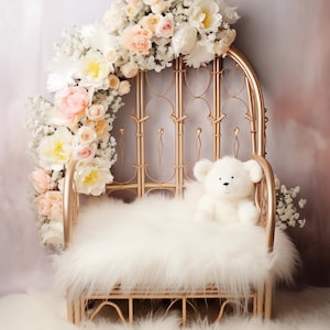 Digital backdrop, background newborn girl, gold baby crib, floral, peach tones