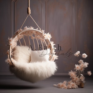 Digital backdrop, background newborn girl flower hanging cradle white fur blanket pink flowers