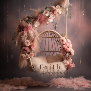Digital backdrop, background newborn girl flower hanging cradle pink fur blanket roses