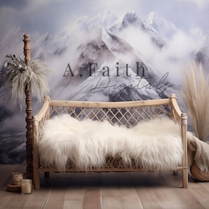 Digital backdrop, background newborn boy or girl, wood baby crib, mountain backdrop, white fur
