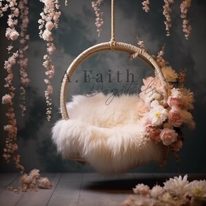 Digital backdrop, background newborn girl flower hanging cradle white fur blanket pink flowers