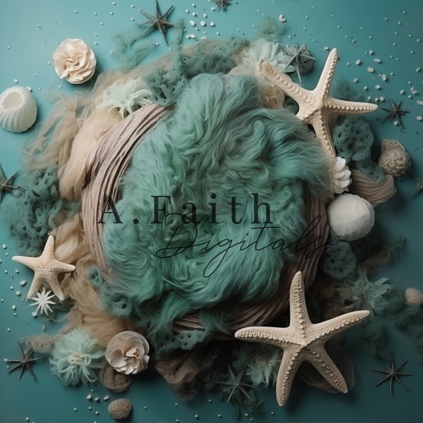 Digital backdrop, background newborn girl mermaid magical teal fur blanket pearl starfish cream pure