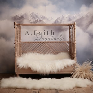 Digital backdrop, background newborn boy or girl, wood baby crib, mountain backdrop, white fur