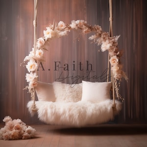 Digital backdrop, background newborn girl flower hanging cradle white fur blanket pink flowers