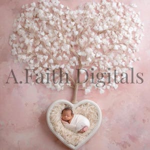 May include: A newborn baby wrapped in a white blanket, resting in a heart-shaped nest. The nest is part of a tree-like structure with white heart-shaped leaves, set against a pink background. The text "A.Faith Digitals" is visible.