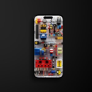 May include: A clear plastic phone case with a Lego design. The case is made up of various Lego pieces, including bricks, gears, and a small Lego figure. The case has a black border and a clear back.