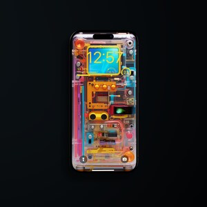 Puede incluir: Un teléfono inteligente transparente con un diseño interno colorido e intrincado. La pantalla muestra la hora "12:57" y un icono de batería con "25%".