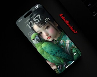 Girl Parrot Portrait iPhone Wallpaper | LockScreen Wallpaper | Mobile Phone Wallpaper | iOS LockScreen Wallpaper | Cellphone Wallpaper | 44