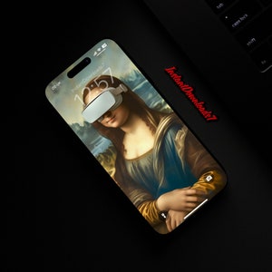 May include: A black smartphone with a white virtual reality headset on the screen. The screen shows a painting of a woman wearing a blue and yellow dress. The time on the phone is 12:57.