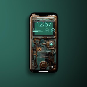 Puede incluir: Un teléfono inteligente de color dorado con una parte posterior transparente que revela un complejo mecanismo interno. La pantalla muestra un reloj digital que marca las 12:57, un indicador de batería al 80% y una barra de progreso al 25%.