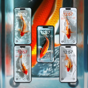 Puede incluir: Varios smartphones que muestran un fondo de pantalla de peces koi. Cada teléfono muestra una vista diferente del pez, con la hora 12:57 en la pantalla. El fondo es una imagen borrosa de peces koi.