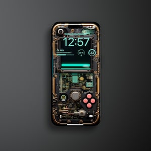 Puede incluir: Un teléfono inteligente negro con un diseño inspirado en el steampunk. Los componentes internos del teléfono son visibles, con detalles en color cobre, placas de circuito y una pantalla digital que muestra la hora y el progreso de la descarga. El teléfono tiene un diseño de mando de juego retro.
