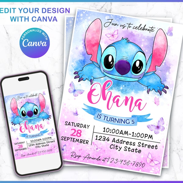 Stitch Birthday Invitation Editable Template, Canva Editable Birthday Invitation, Stitch Birthday Party Invitation, Invite Canva Template