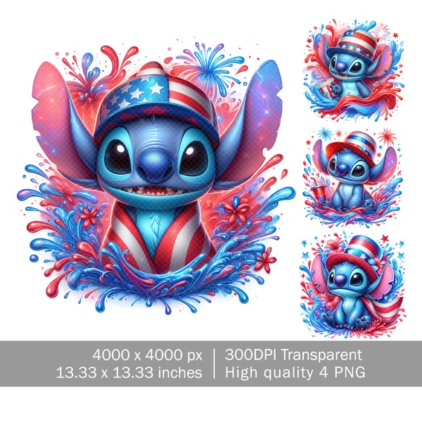 4 PNG Stitch Splash In 4th July Day, Cartoon In Red White And Blue, PNG file for sublimation, 4th July Png, DTF Print, Digital Png Download