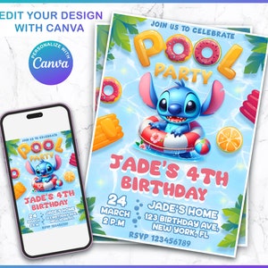 Editable Stitch Birthday Invitation Template, Printable Pool Party Invitations, Digital Kids Summer Party Invite, Boys & Girls Invite