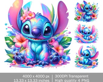 Bundle 4 Stitch Splash and Watercolor Digital design PNG file for sublimation, High Resolution, Instant Digital PNG Download