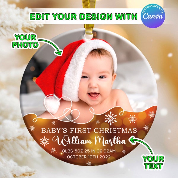 Personalized Baby's First Christmas Ornament PNG, Photo Ornament Canva Edit, Custom Christmas Ornament 2023,1st Christmas,Canva Editable PNG