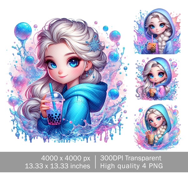 Princess Cartoon Drinking Boba Watercolor Splash, Clipart Images, Graphics and Artwork, Rainbow Aesthetic, PNG Cute Spring Images