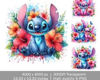 Stitch Angel Acuarela Splash Png, Stitch Summer Vibes PNG, Paquete de acuarela de dibujos animados, Archivo digital, Descarga instantánea PNG