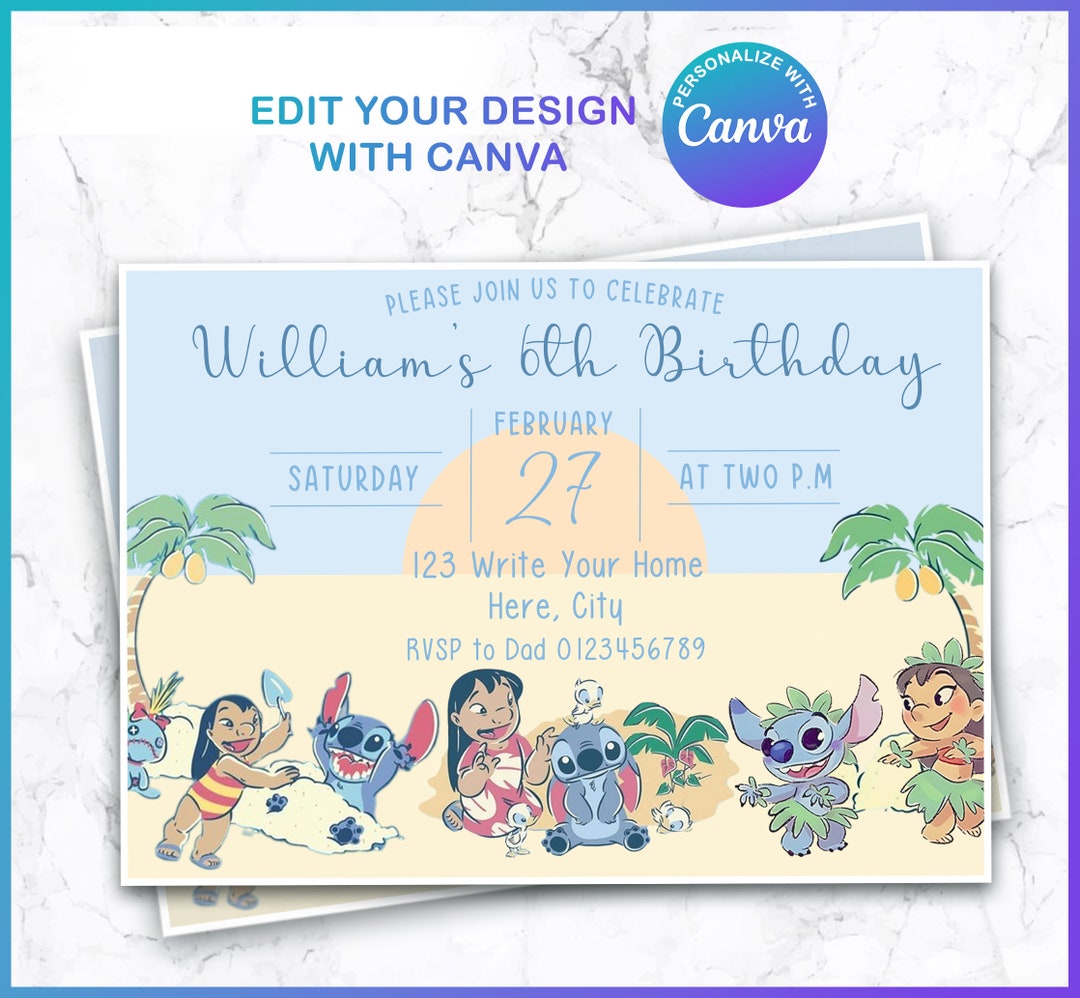 Editable Stitch Birthday Invitation Template, Printable Beach Party ...