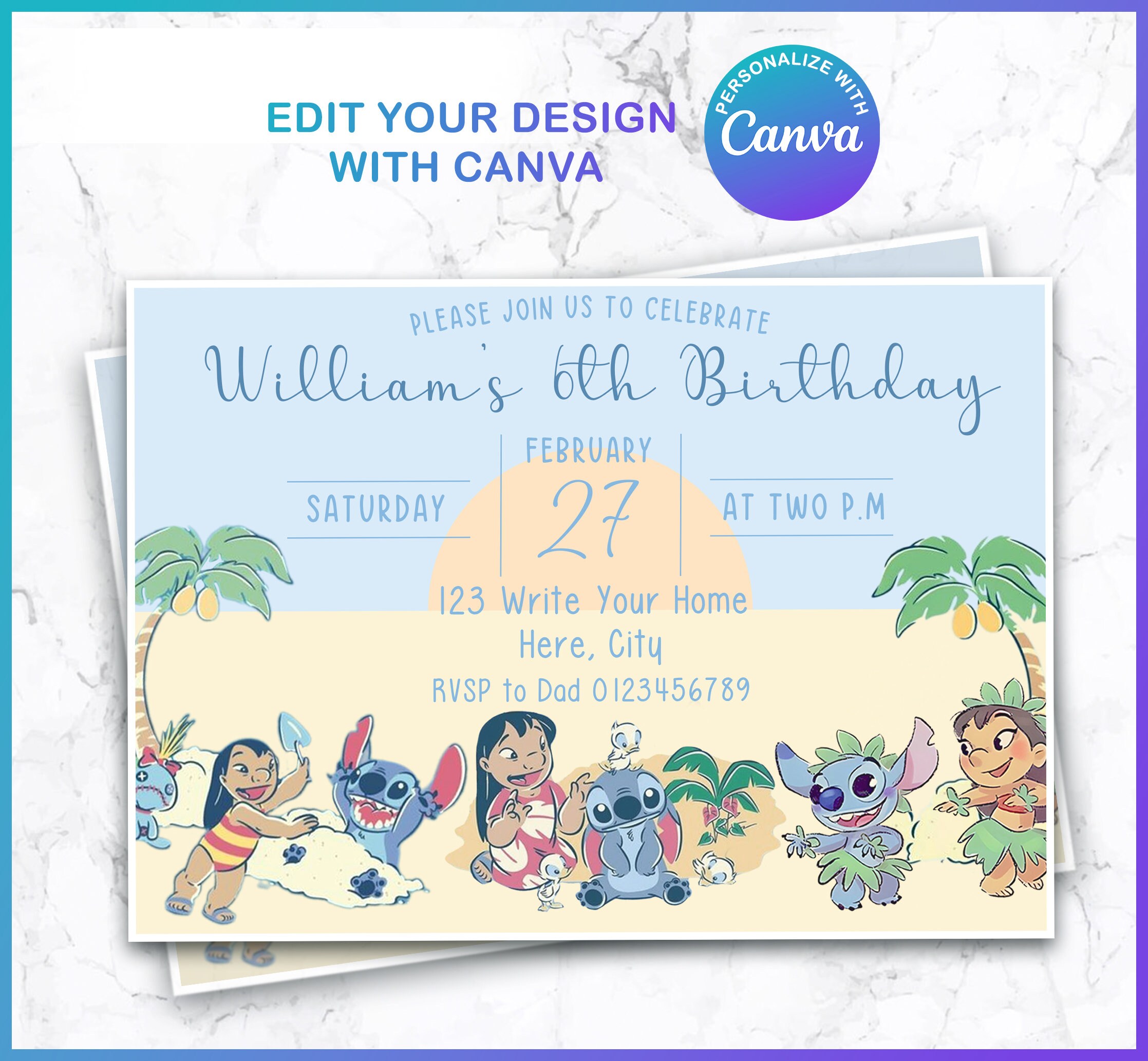 Editable Stitch Birthday Invitation Template, Printable Beach Party Invitations, Digital Kids ...