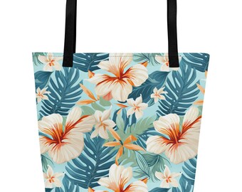 Große Einkaufstasche mit tropischem Hibiskus-Allover-Print