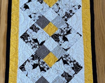Handmade Black and White quilted Floral Table Runner