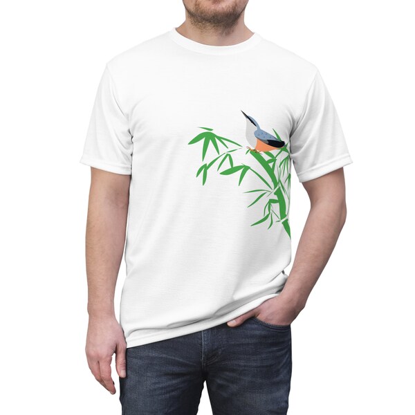 Bird standing on bamboo Unisex Cut & Sew Tee (AOP)