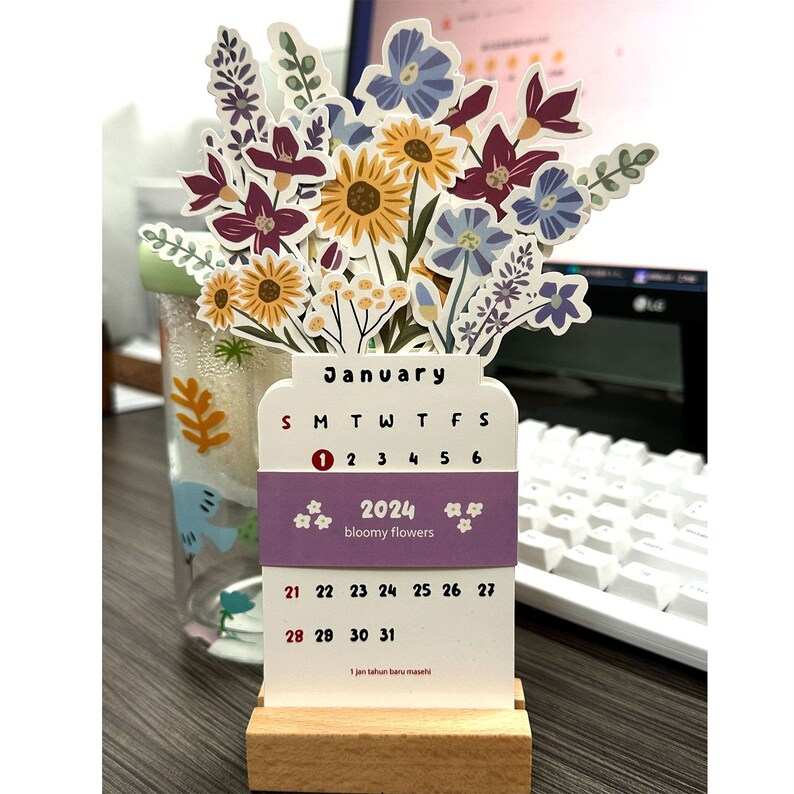 2024 Bloomy Flowers Desk Calendar Wood Flora Desk Calendar Etsy