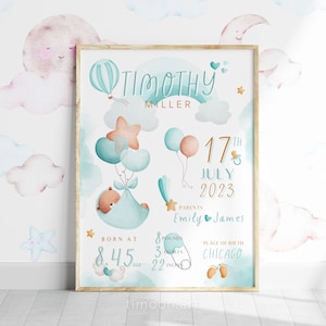 Personalized Baby Boy Birth Stats Sign - Bear in Clouds - Nursery Decor - N001