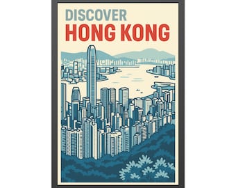 Póster de viaje de Hong Kong, arte pop vintage, impresión del puerto de Victoria, descarga digital, 24 x 36 pulgadas, JPG, decoración del hogar, póster de arte pop de viajes asiáticos