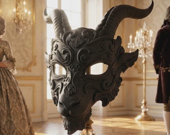 3D Printed Baroque Goat Mask | The Arcane Horned Crown | Gothic Masquerade Mask, Dark Fantasy Cosplay Prop, LARP Demon Headpiece