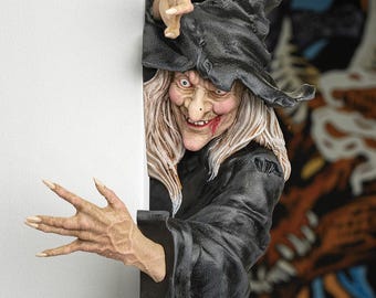 Sneaky Witch Corner Wall Decor - READY FOR PAINT | 3D Printed Peeking Witch Statue | Door Frame & Shelf Peeker | Spooky Halloween Decor