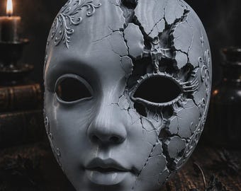 Shattered Porcelain Doll Mask, Creepy Broken Doll Face Mask, Spooky Gothic Masquerade Mask for Halloween, Cosplay, & Horror Decor