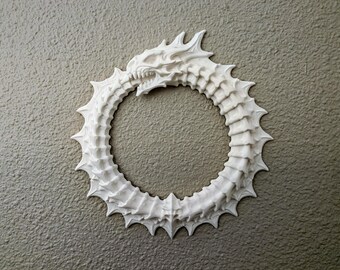 Bone Dragon Ouroboros Wall Decor, Gothic Dragon Skeleton Art, Dark Fantasy Wall Hanging, Mythological Serpent Sculpture, Macabre Home Decor