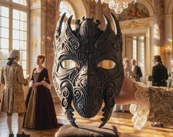 Baroque Beetle Mask | Black Khepri Scarab Art | 3D Printed Masquerade Mask | Gothic Insect Cosplay | Egyptian Costume Accessory