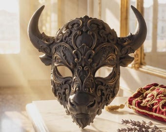 Baroque Bull Mask, Ornate Venetian Masquerade Mask, Buffalo Horns Filigree Half Face Mask for Men & Women, Gothic Cosplay Halloween Costume