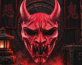 Japanese Oni Mask, The Crimson Oni Demon Mask, Wearable Samurai Ogre Cosplay Mask, Halloween Costume Prop, Japanese Folklore Wall Decor
