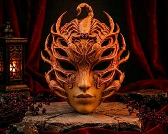 Scorpion Queen: Venomous Elegance Masquerade Mask, Gothic Articulated Fantasy Headpiece, Dark Deity Costume Prop, Steampunk Carnival Decor