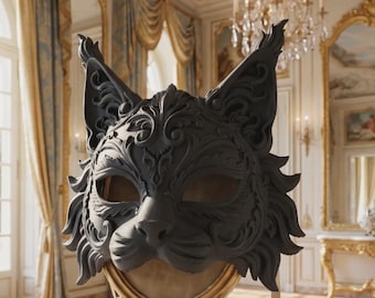 Baroque Maine Coon Cat Masquerade Mask, Ornate Venetian Feline Half Mask, Gothic Fantasy Cat Cosplay, Mardi Gras & Halloween Ball Costume