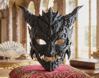 Horned Demon Baroque Masquerade Mask, Gothic Devil Filigree Mask, Venetian Carnivale Ball Cosplay, Dark Fantasy Halloween Costume Mask