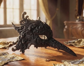 Baroque Black Heron Bird Mask - "The Ebony Flight Art" | Gothic Masquerade Mask for Cosplay, Fantasy Costumes & Halloween