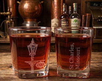 St. Charles Missouri Lamp Post Shot Glass Set • Heavy Base Whiskey Sipping Glass