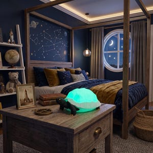 May include: A bedroom scene with a wooden four-poster bed, a nightstand with a glowing turtle-shaped lamp, and a white bookshelf. The room has a celestial theme with a starry night sky mural and a round window.