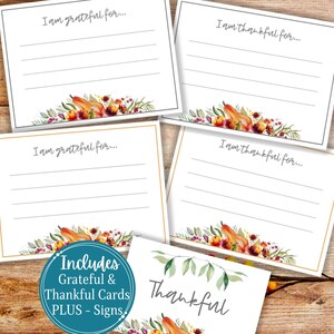 Puede incluir: Cartas imprimibles con un tema otoñal con calabazas, hojas y flores. Las tarjetas tienen el texto "Estoy agradecido por..." y "Estoy agradecido por..." impreso en ellas. Las tarjetas son parte de un conjunto que incluye letreros con el texto "Grateful" y "Thankful".