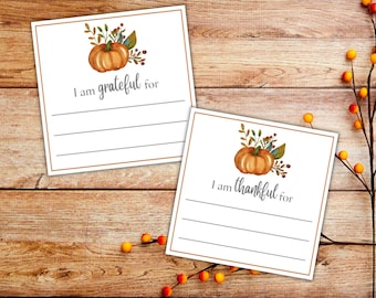 May include: Two white cards with a pumpkin and leaves illustration. The text on the cards reads "I am grateful for" and "I am thankful for".