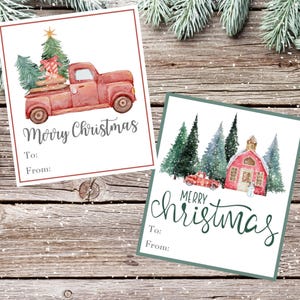 Red Vintage Truck Merry Christmas Gift Tag, Printable Vintage Red Truck, Rustic Christmas, Red Barn Christmas Present Tag, Xmas Gift Tags