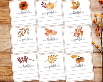 May include: Nine printable cards with fall-themed illustrations and the text "I am thankful for" or "I am grateful for".